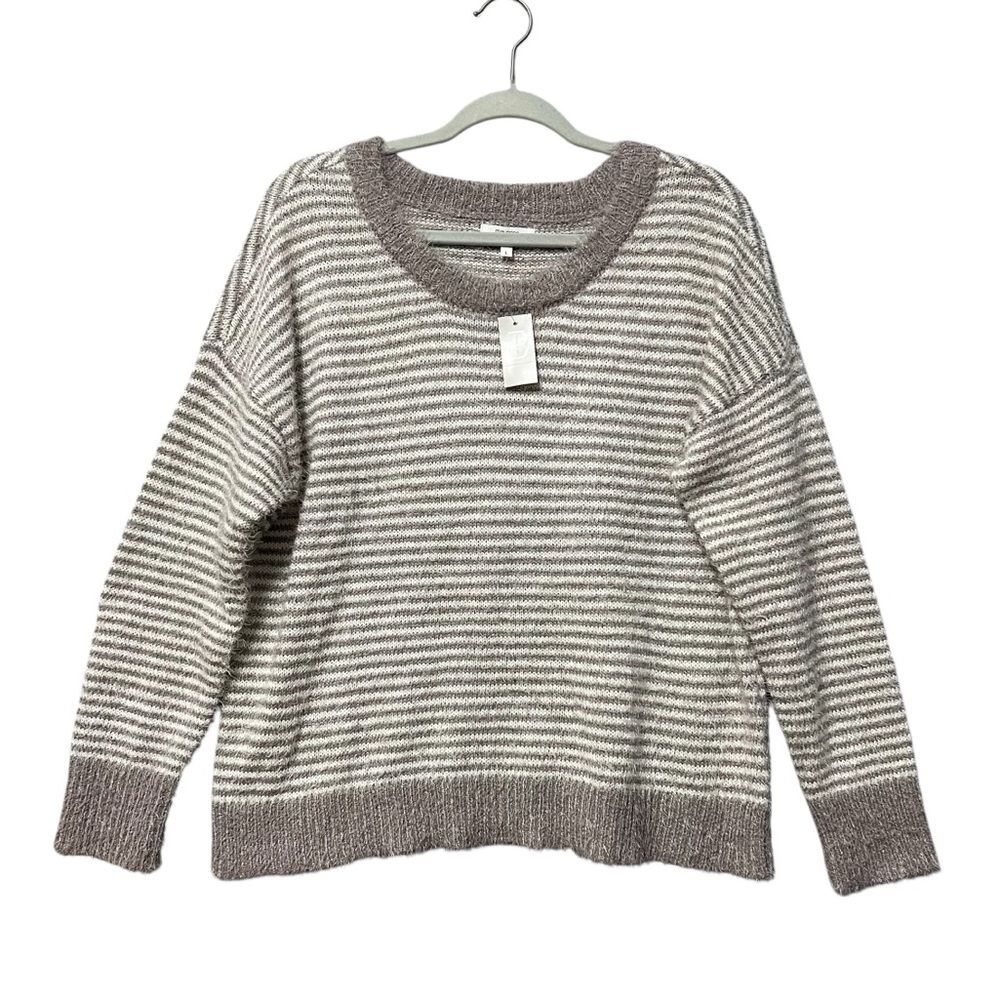 Maurices Striped Fuzzy Pullover Sweater NWT Size Large Taupe Cream Scoop Neck